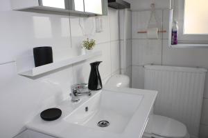 een witte badkamer met een wastafel en een toilet bij Wohlfühl & Schickes Apartment in Heilbronn +22 foto's