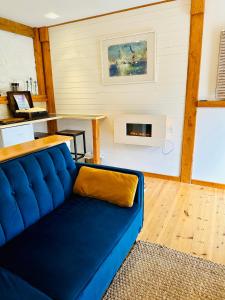 a blue couch in a living room with a fireplace at The annex on our farm in Colwyn Bay