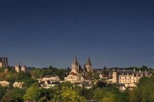 a group of buildings on a hill with trees at La Maison du Donjon - Gites de 8 personnes, parking privé avec jardin terrasse in Loches