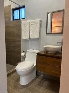 a bathroom with a white toilet and a sink at Depa del Carmen in Loreto +5 photos