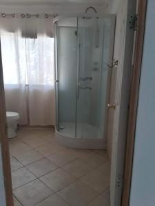 Cabaña en Pica con Jacuzzi privado في بيكا: دش زجاجي في حمام مع مرحاض