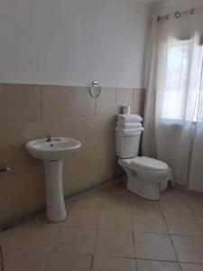 Cabaña en Pica con Jacuzzi privado في بيكا: حمام مع مرحاض ومغسلة