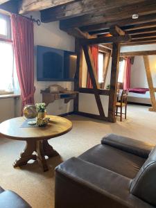 ein Wohnzimmer mit einem Sofa und einem Tisch in der Unterkunft Eurenerstrasse 179 Tourist Apartments in Trier