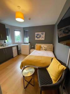 a bedroom with a bed and a chair in it at 4- Lovely 1-bedroom serviced apartment West Midlands 