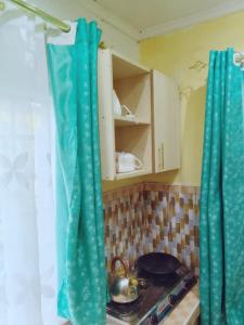 a kitchen with green curtains and a stove top oven at BONNY KINGs FARMSTAY in Kiambu