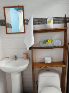 a bathroom with a sink and a toilet and a mirror at Villa el paraíso in San José