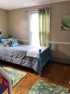 um quarto com uma cama azul e uma janela em The Red Mill House em Goldsboro