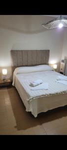 1 dormitorio con 1 cama grande y 2 toallas. en Casa Villa del Dique en Villa del Dique