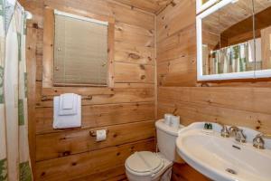 a wooden bathroom with a toilet and a sink at Creekside cabin in Townsend