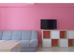川口市にあるWALLABY HOUSE - Vacation STAY 38651vのピンクの壁にリビングルーム(ソファ、テレビ付)