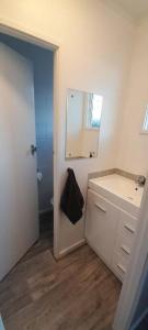 łazienka z umywalką, lustrem i drzwiami w obiekcie City Central w mieście Nelson