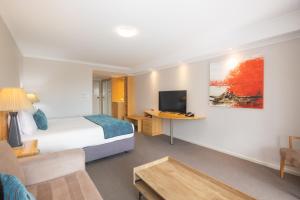 a hotel room with a bed and a tv at Dog Rock Motel in Albany