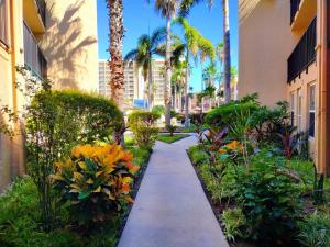 a walkway between two buildings with palm trees and flowers at Surfside I 310 Condominium Condo in South Padre Island
