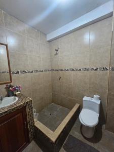 La salle de bains est pourvue de toilettes et d'un lavabo. dans l'établissement Casa Yarinacocha, à Pucallpa