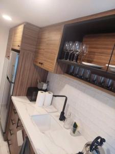 a kitchen with a white sink and wooden cabinets at Hermoso y cómodo Departamento a pasos de la plaza in Tarija