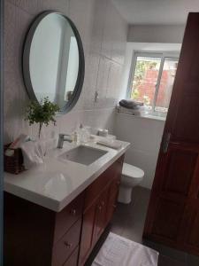 a bathroom with a sink and a mirror and a toilet at Hermoso y cómodo Departamento a pasos de la plaza in Tarija