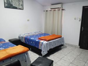een kamer met 2 aparte bedden en een raam bij El Viajero Hostel & Suítes 10 in Pedro Juan Caballero