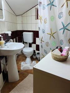 a bathroom with a sink and a toilet and a shower curtain at Casuta noastra din Predeal in Predeal