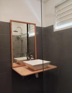 a bathroom with a sink and a mirror at Bas de Villa Dumont T3 avec jacuzzi in Le Gosier