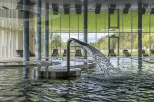 a water fountain in a pool in a building at Hotel Kiston in Sulęczyno