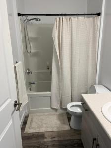 a bathroom with a shower and a toilet and a sink at Panel Apartment in Winnipeg