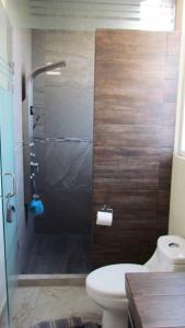 W łazience znajduje się prysznic, toaleta i umywalka. w obiekcie la casa de juanpi w mieście Atlixco