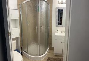 a shower in a bathroom with a toilet and a sink at hidden valley new basement suite with private bathroom! in Calgary
