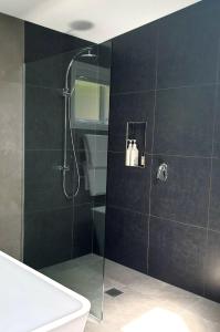 a bathroom with a shower with a glass door at Torbay Tree Tops in Auckland