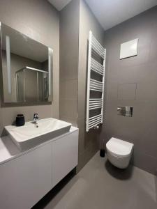 y baño con lavabo blanco y aseo. en Apartmán SoHo s private parking, 5 min peso do centra, en Košice