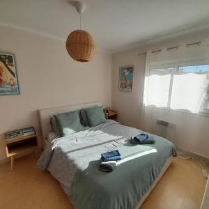a bedroom with a bed and a pendant light at Joli T2 bord de mer à 2mn du marché de Sanary in Six-Fours-les-Plages