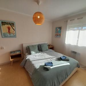 a bedroom with a bed and a pendant light at Joli T2 bord de mer à 2mn du marché de Sanary in Six-Fours-les-Plages