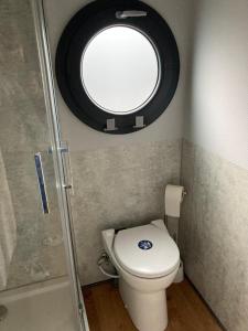 a bathroom with a toilet with a round window at Hausboot Jette in Werder
