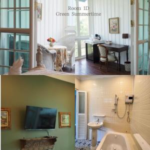 a collage of two pictures of a room with a bathroom at Hacienda Home in Tha Sut