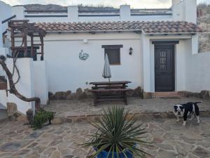 Cuevas Barrio Las Santas في هويسكار: كلب يقف أمام منزل مع طاولة