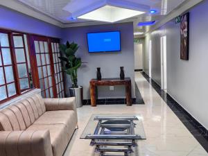 a living room with a couch and a tv at Essential Lodge23 in Cape Town
