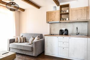 ein Wohnzimmer mit einem Sofa und einer Küche in der Unterkunft Komody in Delphi