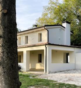 Una casa blanca con un árbol delante. en BeB La Nociaia, en Tavullia