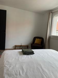 una camera con un letto e una sedia e una finestra di Maison 2 chambres Cavaignac a Calais