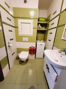 a small bathroom with green and white stripes at Tatry Mountain Paradise in Poprad +14 photos