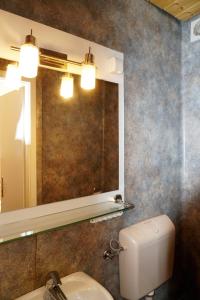 a bathroom with a sink and a mirror and a toilet at Pension-zur-Rose in Schönaich +16 photos