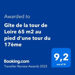 Certifikát, ocenenie alebo iný dokument vystavený v ubytovaní Gîte de la tour de Loire - 65 m2 au pied d'une tour de gué du 17ème siècle