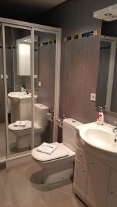 La salle de bains est pourvue de toilettes et d'un lavabo. dans l'établissement Chalet Aia -Naturaleza y seguridad, entorno rural a 29 km de San Sebastian, à Aia