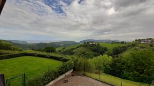 Blick auf ein grünes Feld und die Berge in der Unterkunft Chalet Aia -Naturaleza y seguridad, entorno rural a 29 km de San Sebastian in Aia