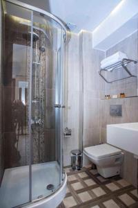 La salle de bains est pourvue d'une douche et de toilettes. dans l'établissement NACRE RESIDENCE, à Istanbul