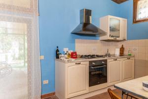 una cucina con piano cottura e parete blu di Casa vacanze Guardea a Guardea