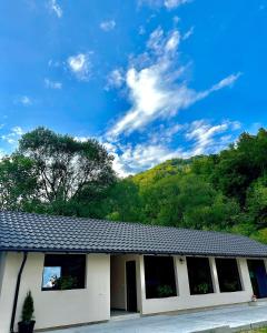 un edificio blanco con una montaña en el fondo en NOR Villa, en Ciungetu