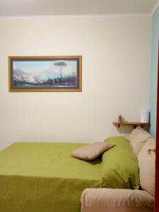 a bedroom with a green bed with a picture on the wall at Dreaming Vesuvio Napoli in Naples