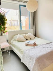 1 dormitorio con 1 cama con 2 almohadas y ventana en Canal House - Homestay, en Alkmaar