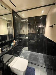 a bathroom with a shower and a toilet at 1BHK smart home - Downtown Dubai in Dubai