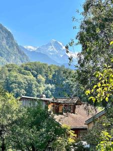 a house on a hill with mountains in the background at Châlet Heidi, 2 Schlafzimmer grosser Garten in Wilderswil